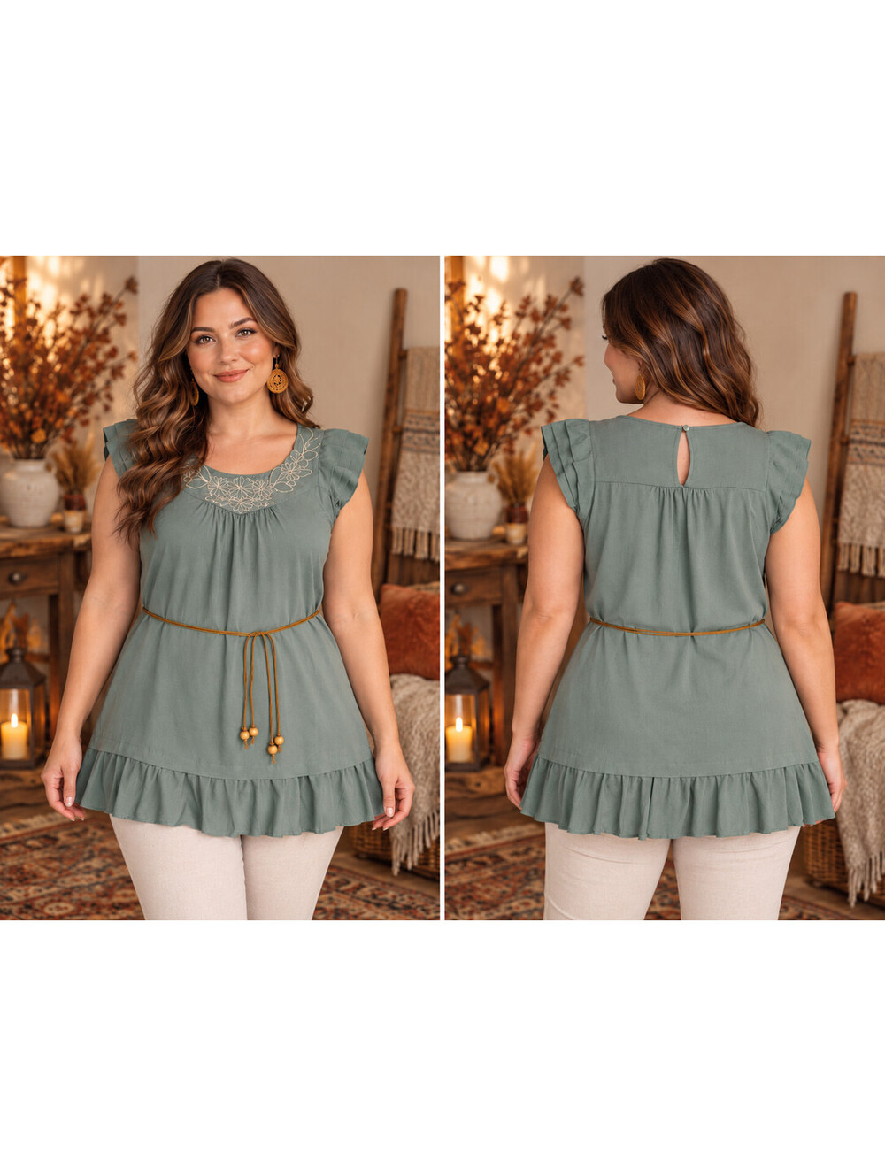 Mine Embroidered Tunic Top Womens L Green Floral Ruffle Sleeve Boho Tie Waist